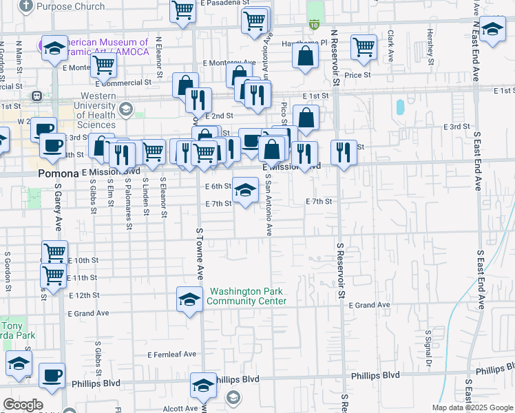 map of restaurants, bars, coffee shops, grocery stores, and more near 975 East 9th Street in Pomona
