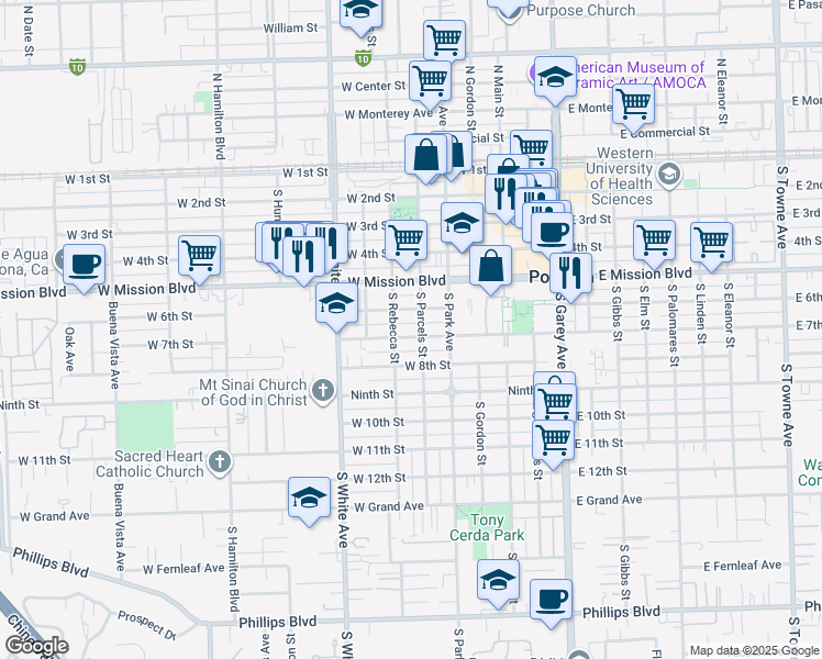 map of restaurants, bars, coffee shops, grocery stores, and more near 650 West 7th Street in Pomona