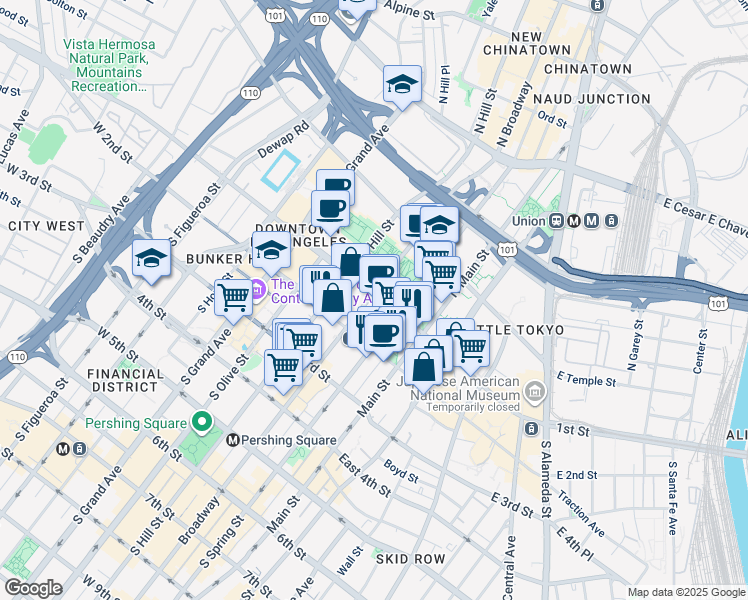 map of restaurants, bars, coffee shops, grocery stores, and more near 127 South Los Angeles Street in Los Angeles