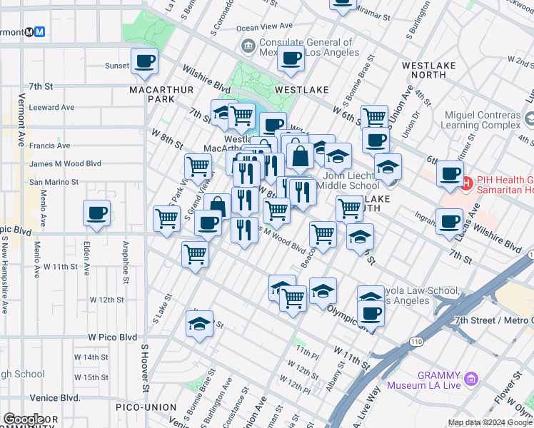 map of restaurants, bars, coffee shops, grocery stores, and more near 829 South Bonnie Brae Street in Los Angeles