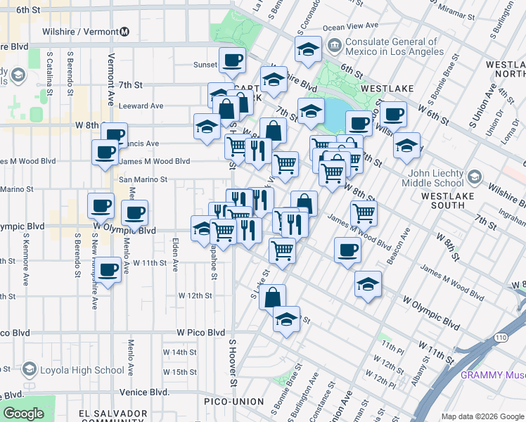 map of restaurants, bars, coffee shops, grocery stores, and more near 2323E West Olympic Boulevard in Los Angeles