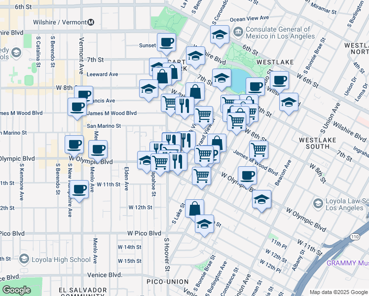map of restaurants, bars, coffee shops, grocery stores, and more near 2323E West Olympic Boulevard in Los Angeles