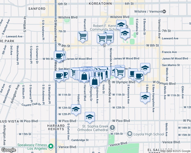 map of restaurants, bars, coffee shops, grocery stores, and more near 987 3/4 South Ardmore Avenue in Los Angeles