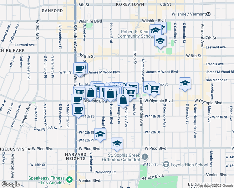 map of restaurants, bars, coffee shops, grocery stores, and more near 3109 West Olympic Boulevard in Los Angeles