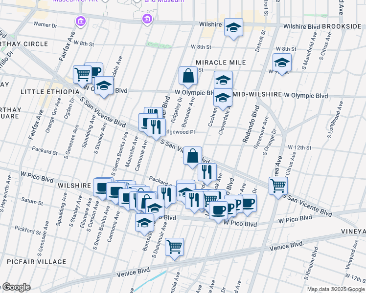 map of restaurants, bars, coffee shops, grocery stores, and more near 1206 South Burnside Avenue in Los Angeles