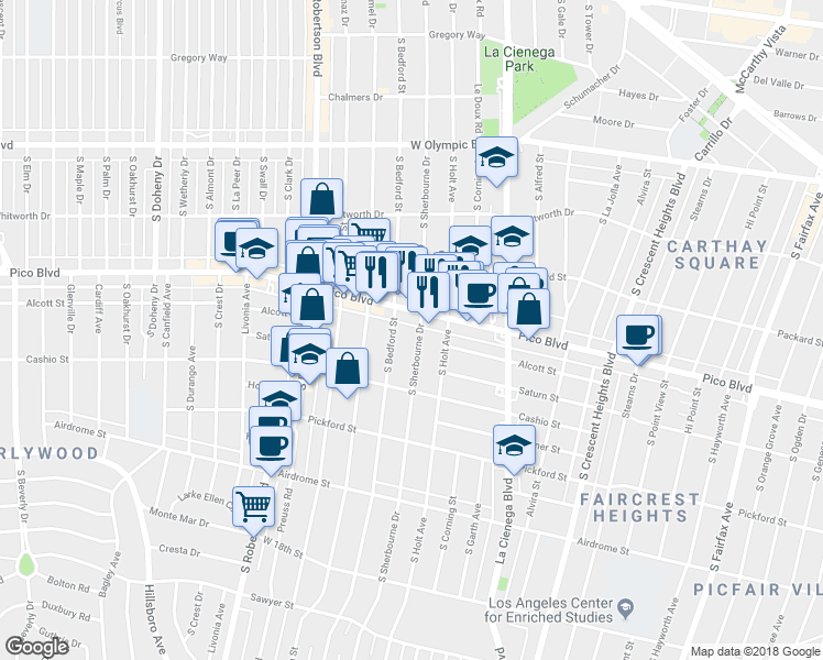 map of restaurants, bars, coffee shops, grocery stores, and more near 1431 South Sherbourne Drive in Los Angeles