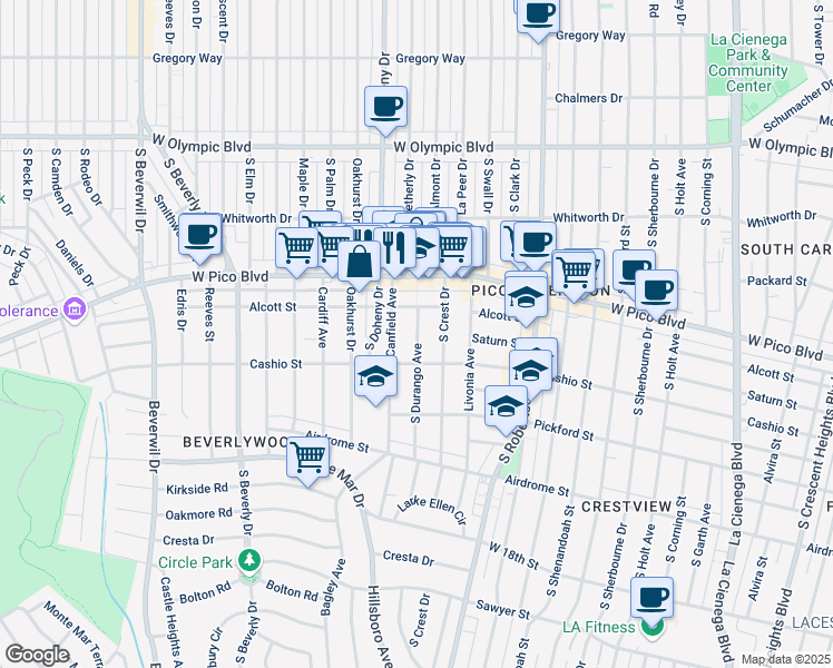 map of restaurants, bars, coffee shops, grocery stores, and more near 1474 South Canfield Avenue in Los Angeles
