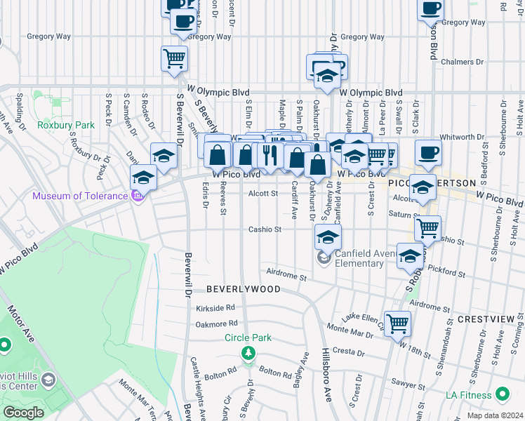 map of restaurants, bars, coffee shops, grocery stores, and more near 1477 Glenville Drive in Los Angeles