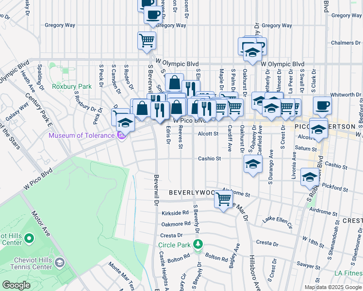 map of restaurants, bars, coffee shops, grocery stores, and more near 1473 Reeves Street in Los Angeles