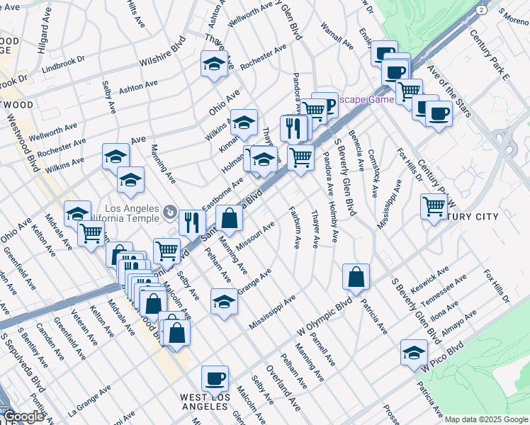 map of restaurants, bars, coffee shops, grocery stores, and more near 1833 Westholme Avenue in Los Angeles