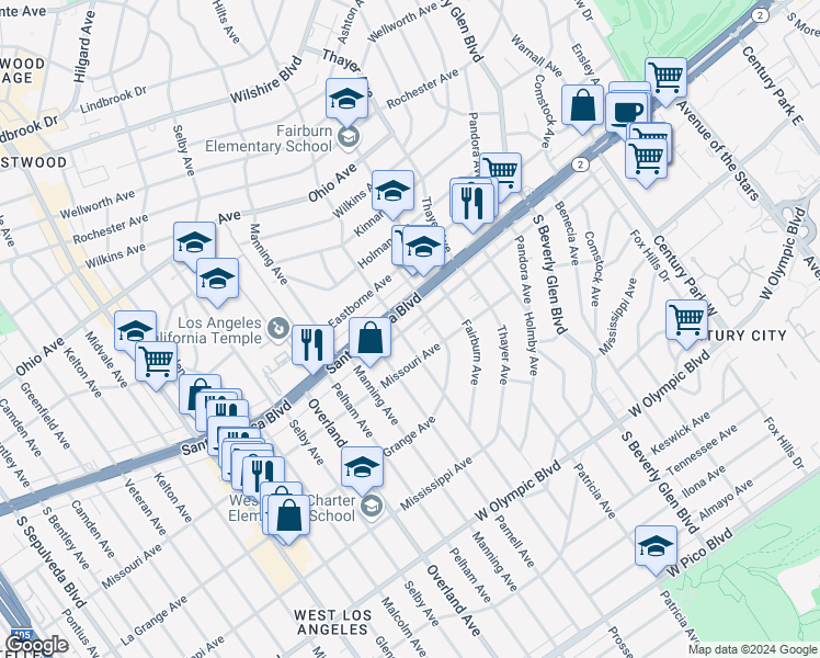 map of restaurants, bars, coffee shops, grocery stores, and more near 1833 Westholme Avenue in Los Angeles