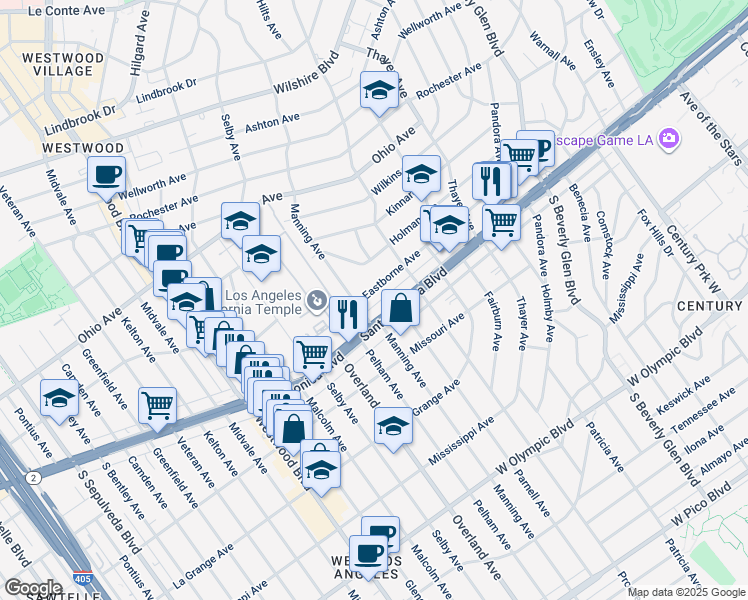 map of restaurants, bars, coffee shops, grocery stores, and more near 10683 Santa Monica Boulevard in Los Angeles