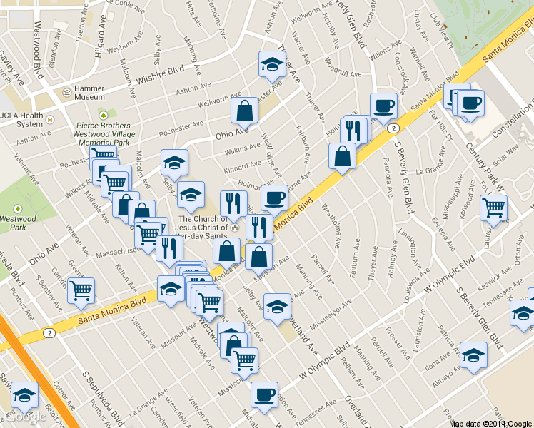 map of restaurants, bars, coffee shops, grocery stores, and more near 10683 Santa Monica Boulevard in Los Angeles