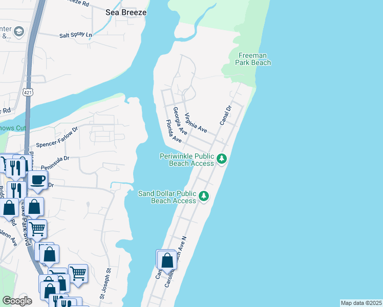map of restaurants, bars, coffee shops, grocery stores, and more near 107 Florida Avenue in Carolina Beach
