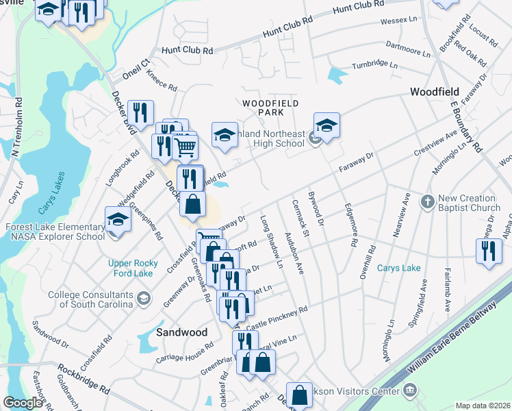 map of restaurants, bars, coffee shops, grocery stores, and more near 2227 Long Shadow Lane in Columbia