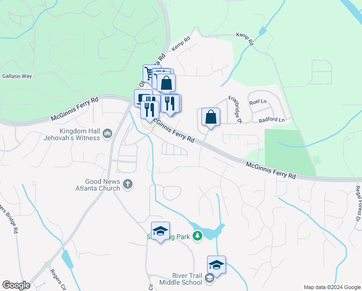map of restaurants, bars, coffee shops, grocery stores, and more near 308 Marlowe Alley in Johns Creek