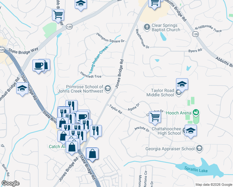 map of restaurants, bars, coffee shops, grocery stores, and more near 4755 Agate Drive in Alpharetta