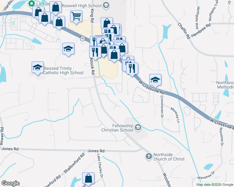 map of restaurants, bars, coffee shops, grocery stores, and more near 470 Elgaen Court in Roswell