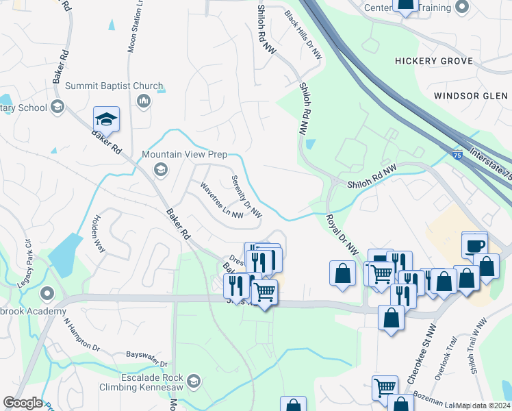map of restaurants, bars, coffee shops, grocery stores, and more near 2176 Serenity Drive Northwest in Acworth