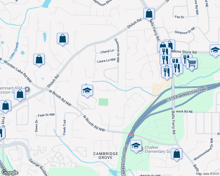 map of restaurants, bars, coffee shops, grocery stores, and more near 4464 Dunmovin Drive Northwest in Kennesaw