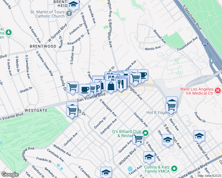 map of restaurants, bars, coffee shops, grocery stores, and more near 814 South Westgate Avenue in Los Angeles