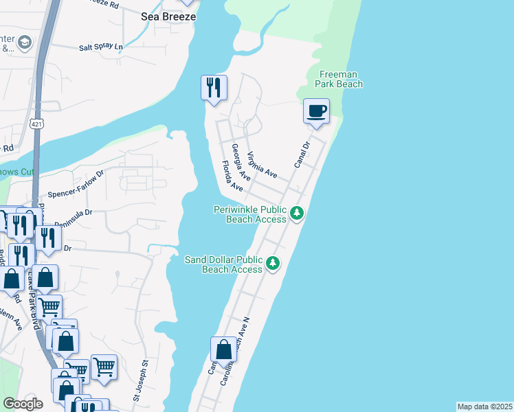 map of restaurants, bars, coffee shops, grocery stores, and more near 111 Florida Avenue in Carolina Beach