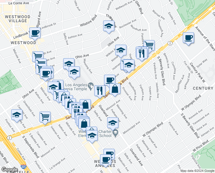 map of restaurants, bars, coffee shops, grocery stores, and more near 10654 Eastborne Avenue in Los Angeles