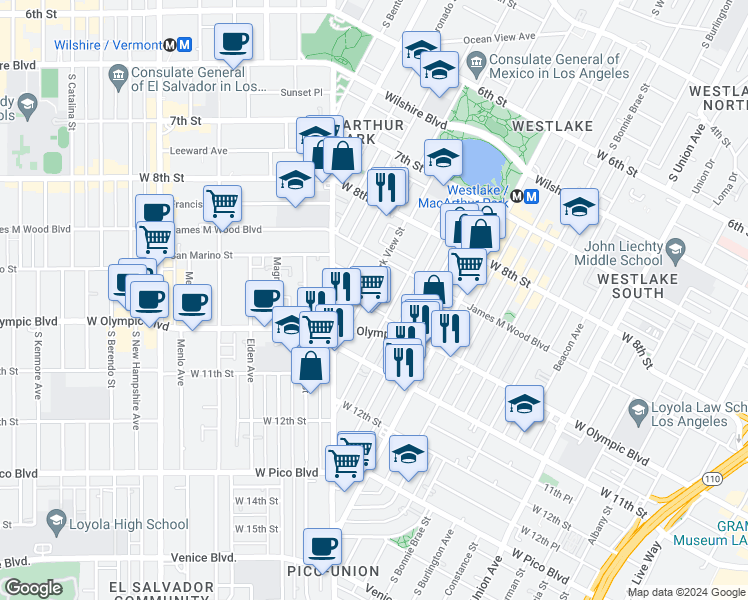map of restaurants, bars, coffee shops, grocery stores, and more near 2321 West 10th Street in Los Angeles