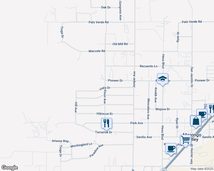 map of restaurants, bars, coffee shops, grocery stores, and more near 49110 Vista Drive in Morongo Valley