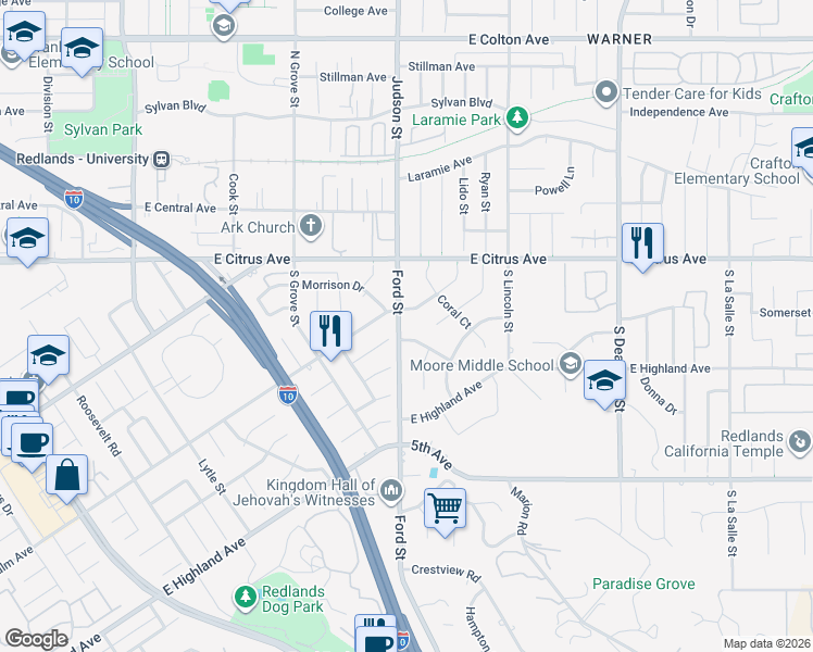 map of restaurants, bars, coffee shops, grocery stores, and more near 115 Ford Street in Redlands