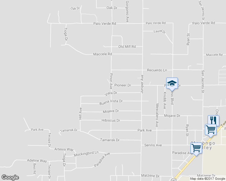 map of restaurants, bars, coffee shops, grocery stores, and more near 49110 Vista Drive in Morongo Valley