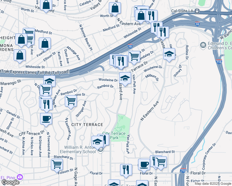 map of restaurants, bars, coffee shops, grocery stores, and more near 1252 North Bonnie Beach Place in Los Angeles