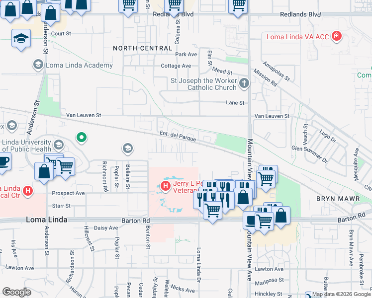 map of restaurants, bars, coffee shops, grocery stores, and more near 25461 Cole Street in Loma Linda