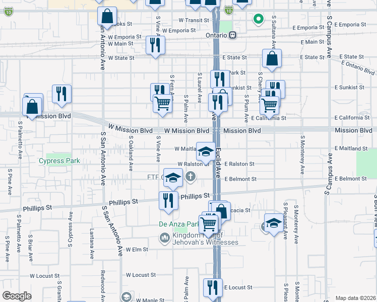 map of restaurants, bars, coffee shops, grocery stores, and more near 231 West Maitland Street in Ontario