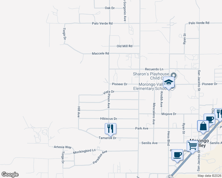 map of restaurants, bars, coffee shops, grocery stores, and more near 49110 Vista Drive in Morongo Valley