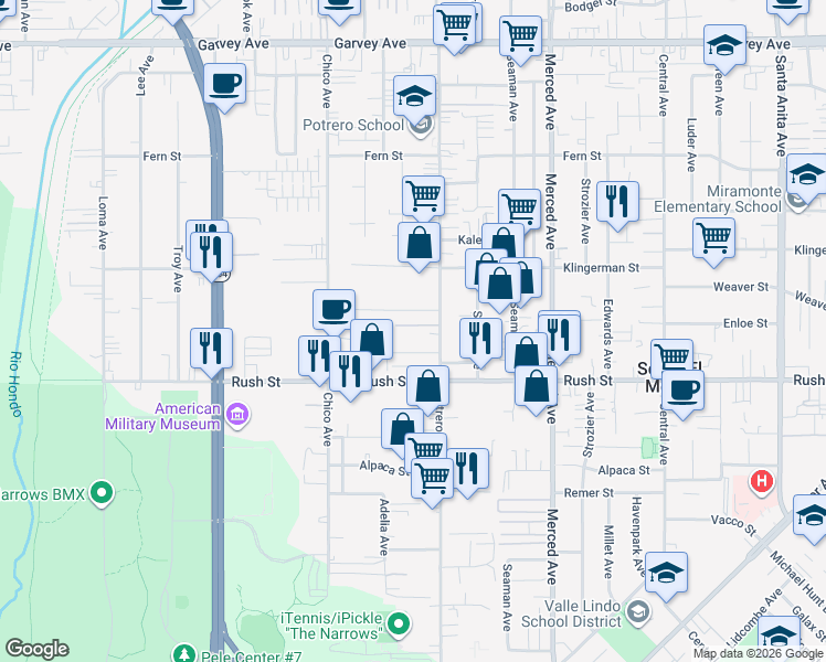 map of restaurants, bars, coffee shops, grocery stores, and more near 9734 Als Drive in South El Monte