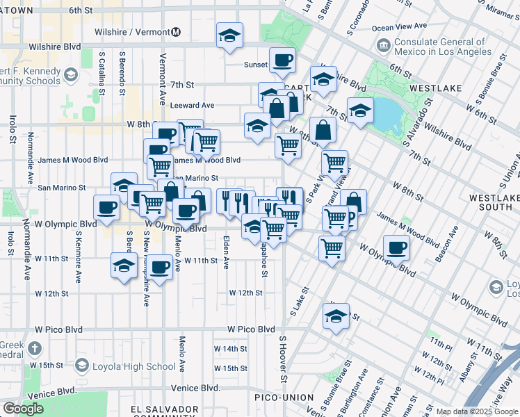map of restaurants, bars, coffee shops, grocery stores, and more near 977 Arapahoe Street in Los Angeles
