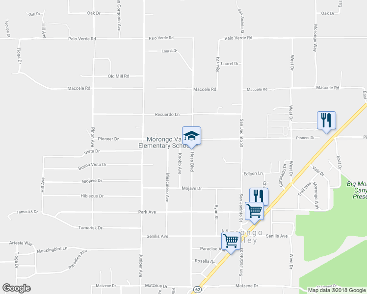 map of restaurants, bars, coffee shops, grocery stores, and more near 10931 Knobb Avenue in Morongo Valley