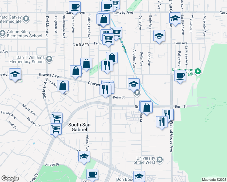 map of restaurants, bars, coffee shops, grocery stores, and more near 2146 San Gabriel Boulevard in Rosemead