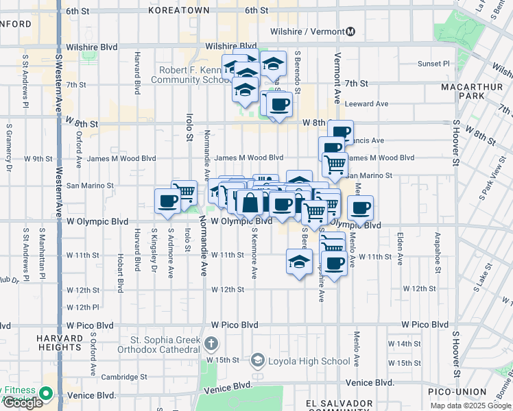 map of restaurants, bars, coffee shops, grocery stores, and more near 2843 West Olympic Boulevard in Los Angeles