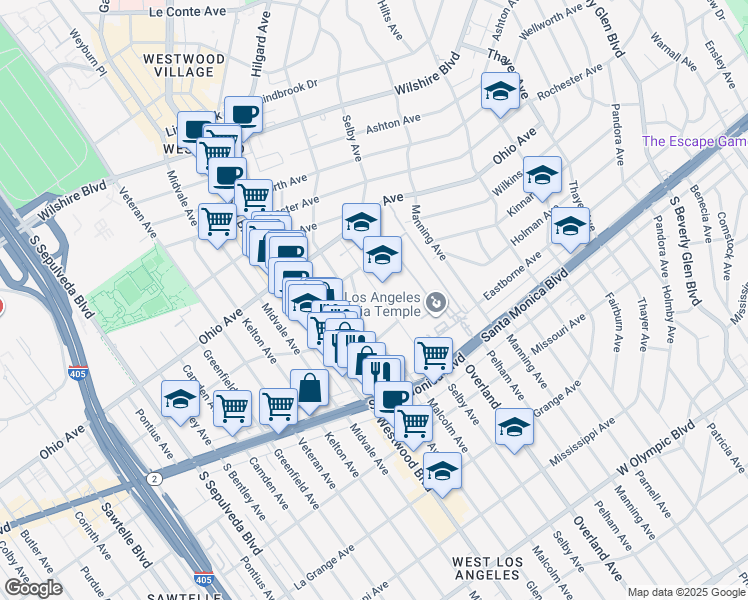 map of restaurants, bars, coffee shops, grocery stores, and more near 1655 Selby Avenue in Los Angeles