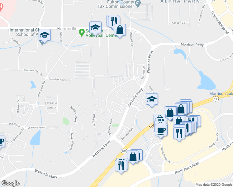map of restaurants, bars, coffee shops, grocery stores, and more near 310 Harp Street in Alpharetta