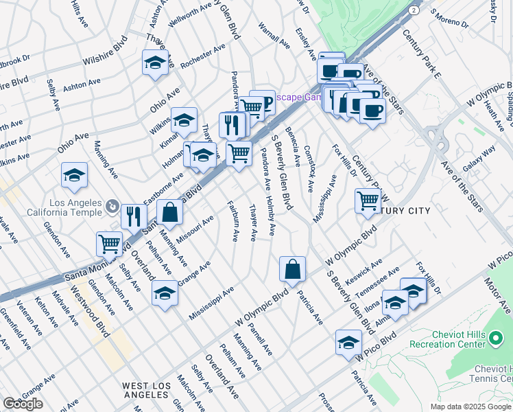 map of restaurants, bars, coffee shops, grocery stores, and more near 1926 Thayer Avenue in Los Angeles
