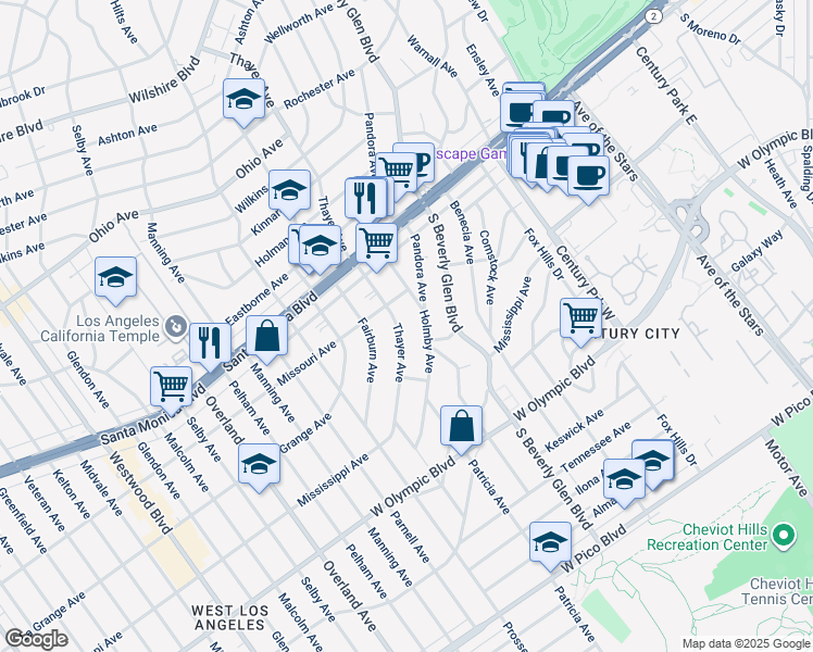 map of restaurants, bars, coffee shops, grocery stores, and more near 1926 Thayer Avenue in Los Angeles