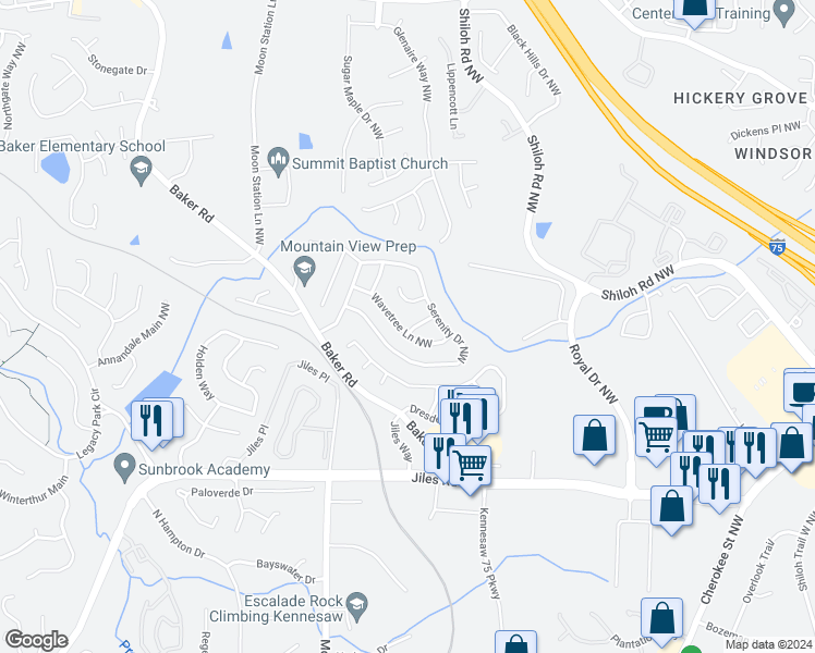 map of restaurants, bars, coffee shops, grocery stores, and more near 2332 Wavetree Lane Northwest in Acworth