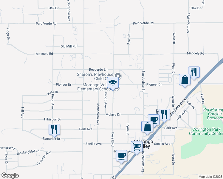 map of restaurants, bars, coffee shops, grocery stores, and more near 10934 Hess Boulevard in Morongo Valley