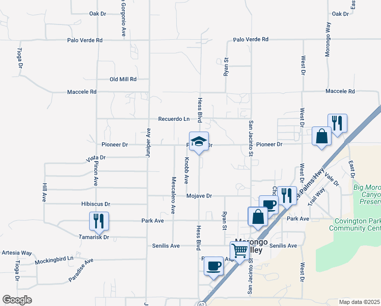 map of restaurants, bars, coffee shops, grocery stores, and more near 10931 Knobb Avenue in Morongo Valley