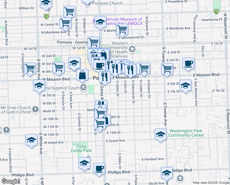 map of restaurants, bars, coffee shops, grocery stores, and more near 200 East 7th Street in Pomona
