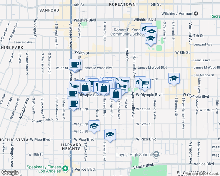 map of restaurants, bars, coffee shops, grocery stores, and more near 975 South Kingsley Drive in Los Angeles