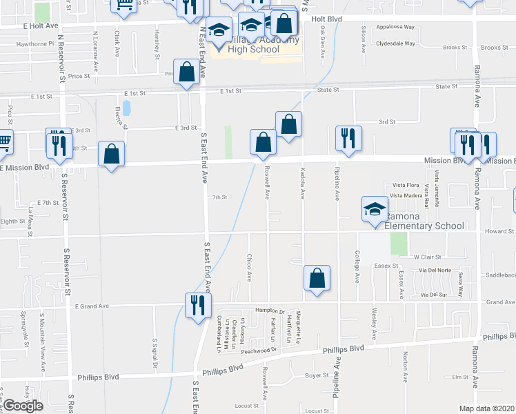 map of restaurants, bars, coffee shops, grocery stores, and more near 11026 Roswell Avenue in Pomona